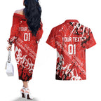 Personalized St. George Illawarra Dragons Rugby Couples Matching Off The Shoulder Long Sleeve Dress and Hawaiian Shirt Urban Street Graffiti Style - Distressed Splatter Elements