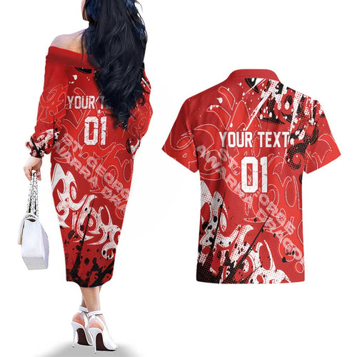 Personalized St. George Illawarra Dragons Rugby Couples Matching Off The Shoulder Long Sleeve Dress and Hawaiian Shirt Urban Street Graffiti Style - Distressed Splatter Elements