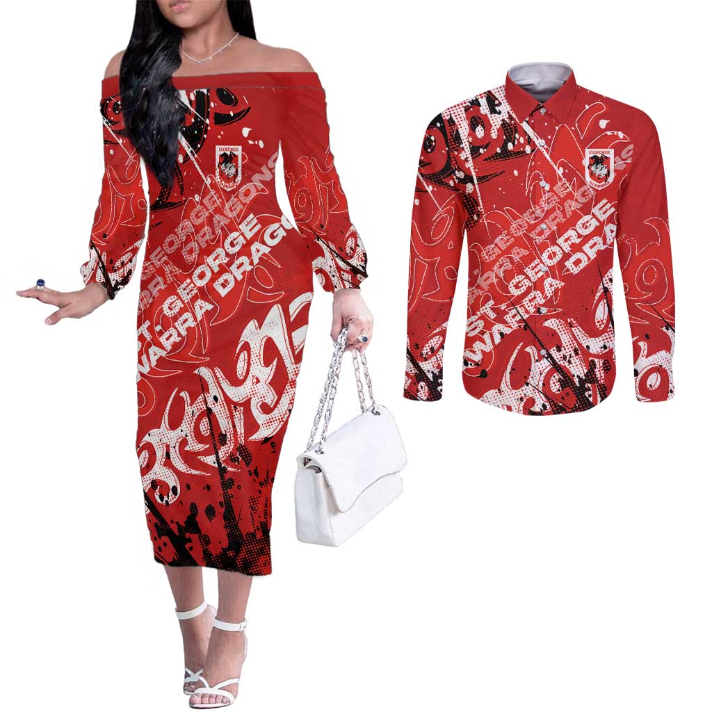 Personalized St. George Illawarra Dragons Rugby Couples Matching Off The Shoulder Long Sleeve Dress and Long Sleeve Button Shirt Urban Street Graffiti Style - Distressed Splatter Elements