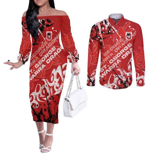 Personalized St. George Illawarra Dragons Rugby Couples Matching Off The Shoulder Long Sleeve Dress and Long Sleeve Button Shirt Urban Street Graffiti Style - Distressed Splatter Elements