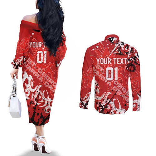Personalized St. George Illawarra Dragons Rugby Couples Matching Off The Shoulder Long Sleeve Dress and Long Sleeve Button Shirt Urban Street Graffiti Style - Distressed Splatter Elements