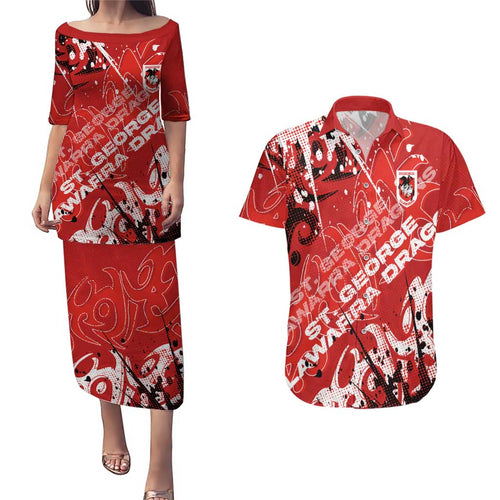 Personalized St. George Illawarra Dragons Rugby Couples Matching Puletasi and Hawaiian Shirt Urban Street Graffiti Style - Distressed Splatter Elements
