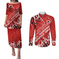 Personalized St. George Illawarra Dragons Rugby Couples Matching Puletasi and Long Sleeve Button Shirt Urban Street Graffiti Style - Distressed Splatter Elements