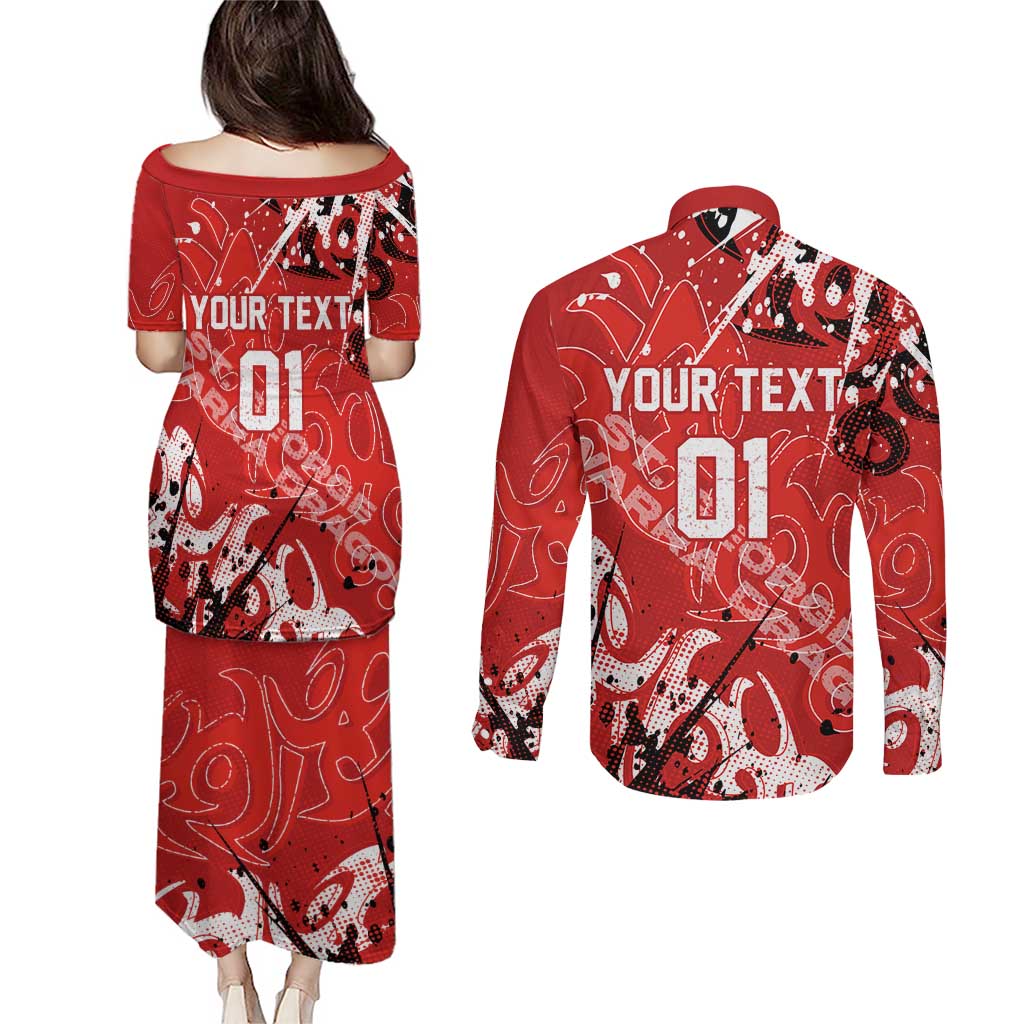 Personalized St. George Illawarra Dragons Rugby Couples Matching Puletasi and Long Sleeve Button Shirt Urban Street Graffiti Style - Distressed Splatter Elements