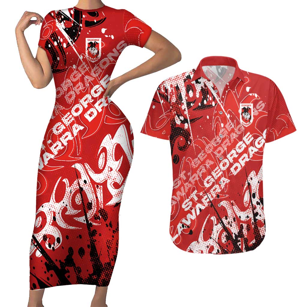 Personalized St. George Illawarra Dragons Rugby Couples Matching Short Sleeve Bodycon Dress and Hawaiian Shirt Urban Street Graffiti Style - Distressed Splatter Elements