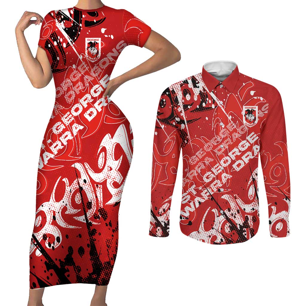 Personalized St. George Illawarra Dragons Rugby Couples Matching Short Sleeve Bodycon Dress and Long Sleeve Button Shirt Urban Street Graffiti Style - Distressed Splatter Elements