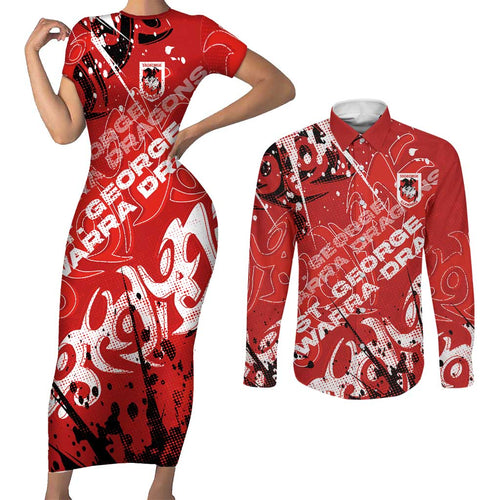 Personalized St. George Illawarra Dragons Rugby Couples Matching Short Sleeve Bodycon Dress and Long Sleeve Button Shirt Urban Street Graffiti Style - Distressed Splatter Elements