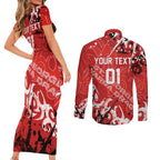 Personalized St. George Illawarra Dragons Rugby Couples Matching Short Sleeve Bodycon Dress and Long Sleeve Button Shirt Urban Street Graffiti Style - Distressed Splatter Elements