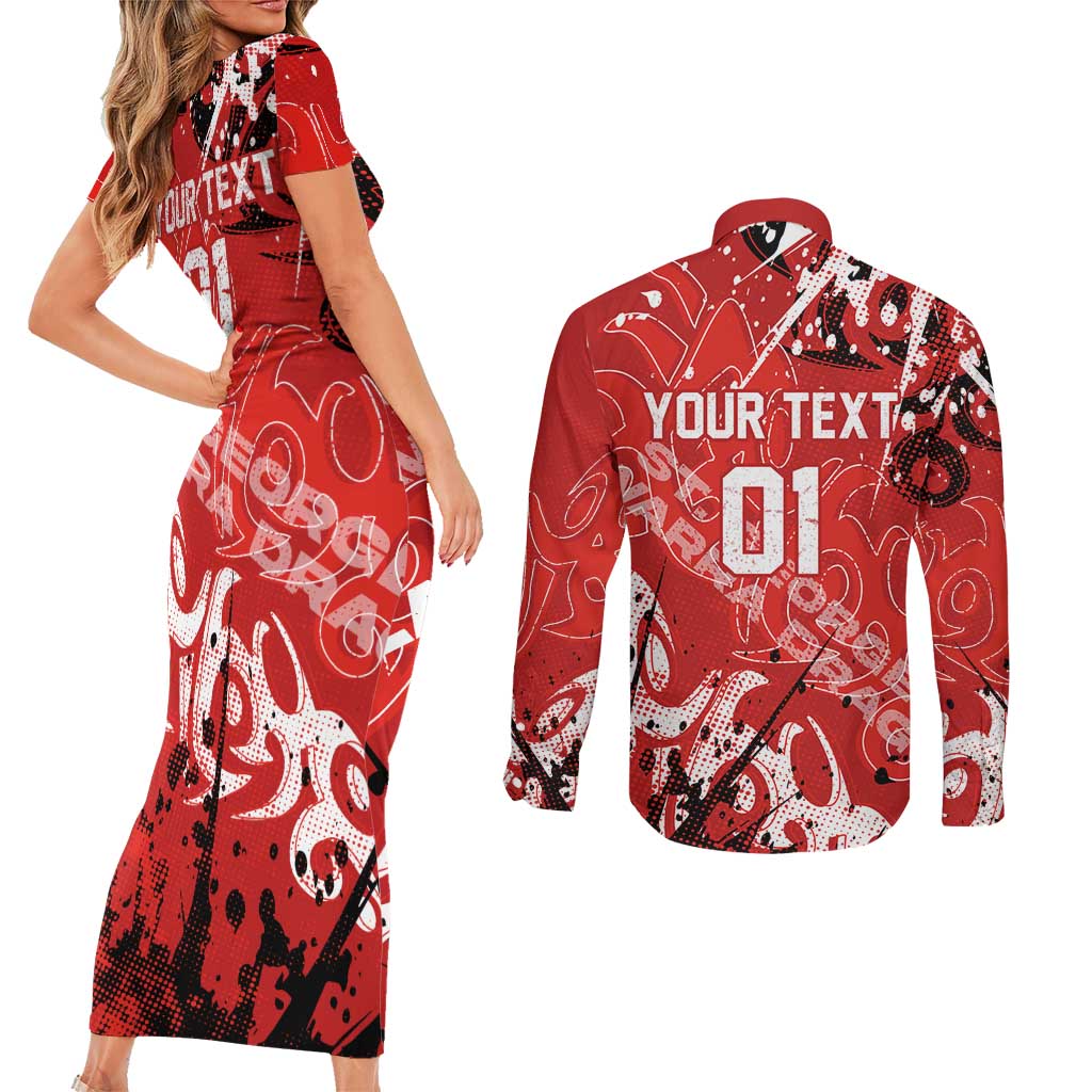 Personalized St. George Illawarra Dragons Rugby Couples Matching Short Sleeve Bodycon Dress and Long Sleeve Button Shirt Urban Street Graffiti Style - Distressed Splatter Elements
