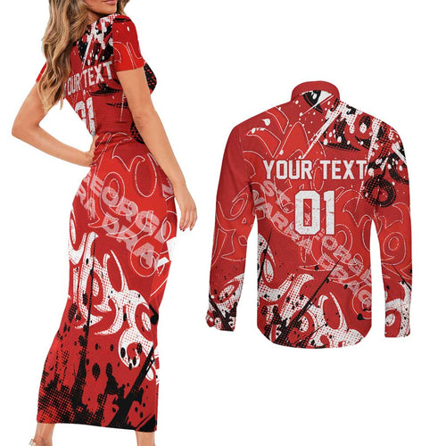 Personalized St. George Illawarra Dragons Rugby Couples Matching Short Sleeve Bodycon Dress and Long Sleeve Button Shirt Urban Street Graffiti Style - Distressed Splatter Elements