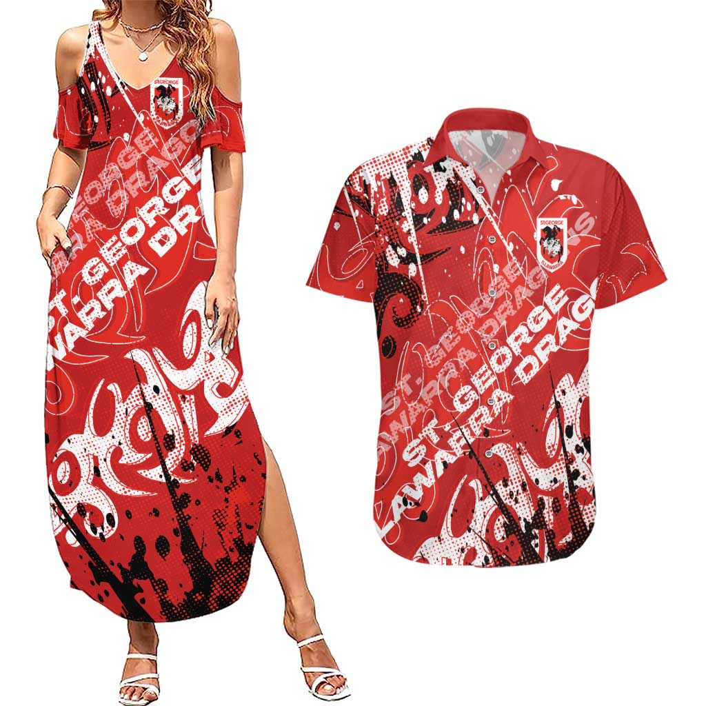 Personalized St. George Illawarra Dragons Rugby Couples Matching Summer Maxi Dress and Hawaiian Shirt Urban Street Graffiti Style - Distressed Splatter Elements