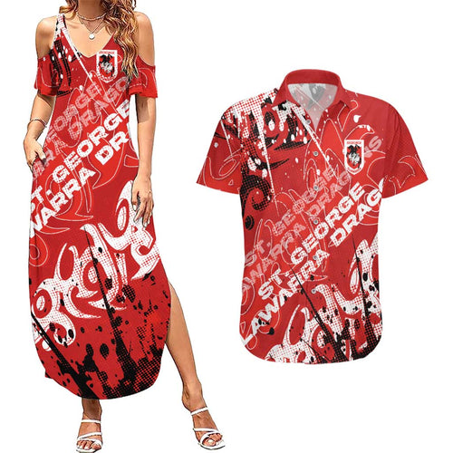 Personalized St. George Illawarra Dragons Rugby Couples Matching Summer Maxi Dress and Hawaiian Shirt Urban Street Graffiti Style - Distressed Splatter Elements