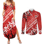 Personalized St. George Illawarra Dragons Rugby Couples Matching Summer Maxi Dress and Long Sleeve Button Shirt Urban Street Graffiti Style - Distressed Splatter Elements