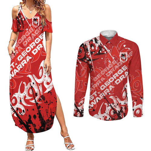 Personalized St. George Illawarra Dragons Rugby Couples Matching Summer Maxi Dress and Long Sleeve Button Shirt Urban Street Graffiti Style - Distressed Splatter Elements
