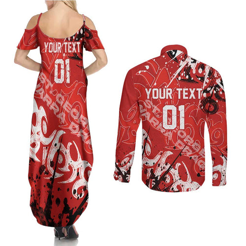 Personalized St. George Illawarra Dragons Rugby Couples Matching Summer Maxi Dress and Long Sleeve Button Shirt Urban Street Graffiti Style - Distressed Splatter Elements