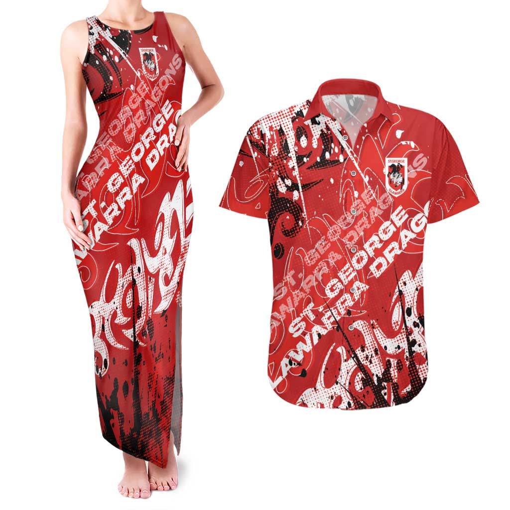 Personalized St. George Illawarra Dragons Rugby Couples Matching Tank Maxi Dress and Hawaiian Shirt Urban Street Graffiti Style - Distressed Splatter Elements
