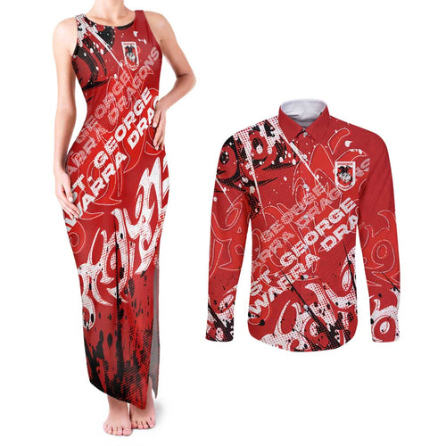 Personalized St. George Illawarra Dragons Rugby Couples Matching Tank Maxi Dress and Long Sleeve Button Shirt Urban Street Graffiti Style - Distressed Splatter Elements