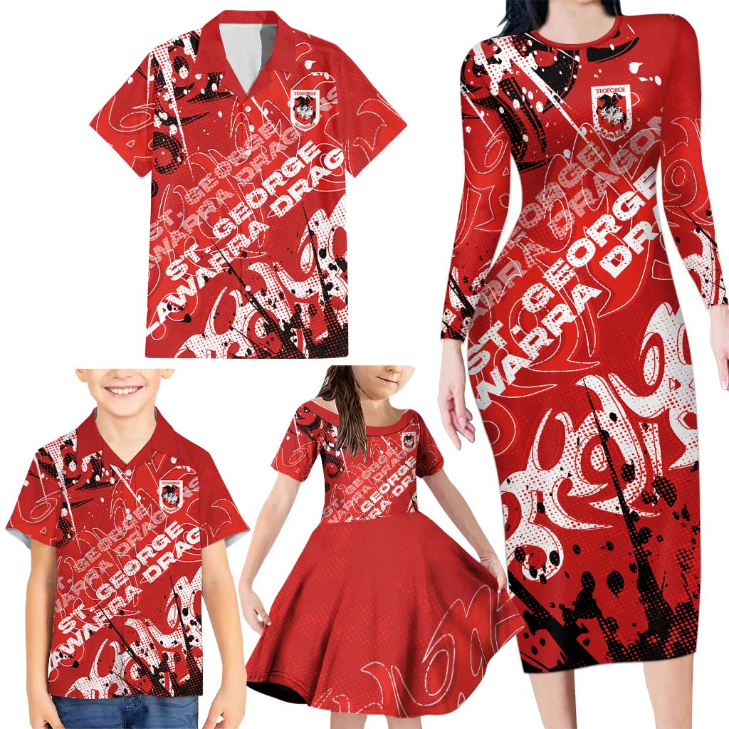 Personalized St. George Illawarra Dragons Rugby Family Matching Long Sleeve Bodycon Dress and Hawaiian Shirt Urban Street Graffiti Style - Distressed Splatter Elements