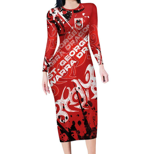Personalized St. George Illawarra Dragons Rugby Family Matching Long Sleeve Bodycon Dress and Hawaiian Shirt Urban Street Graffiti Style - Distressed Splatter Elements