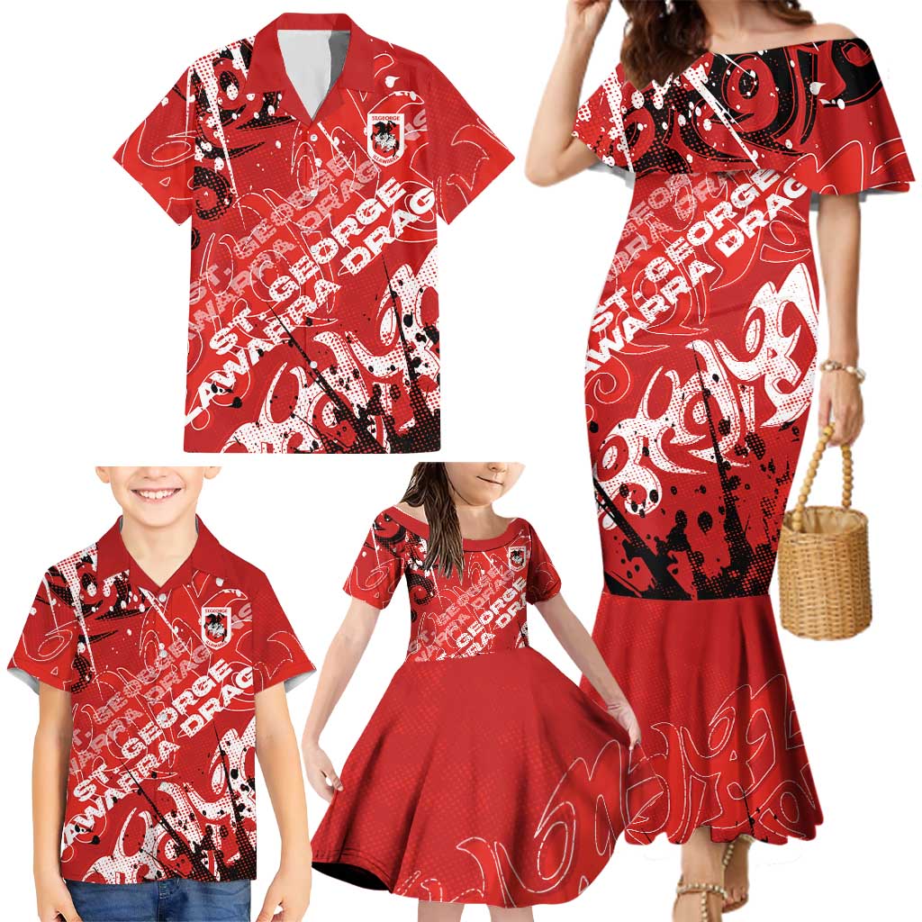 Personalized St. George Illawarra Dragons Rugby Family Matching Mermaid Dress and Hawaiian Shirt Urban Street Graffiti Style - Distressed Splatter Elements