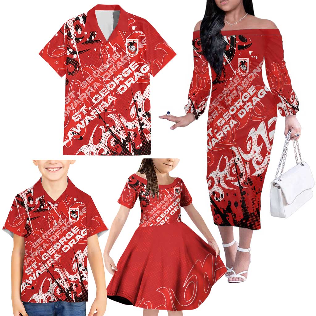 Personalized St. George Illawarra Dragons Rugby Family Matching Off The Shoulder Long Sleeve Dress and Hawaiian Shirt Urban Street Graffiti Style - Distressed Splatter Elements
