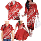 Personalized St. George Illawarra Dragons Rugby Family Matching Off The Shoulder Long Sleeve Dress and Hawaiian Shirt Urban Street Graffiti Style - Distressed Splatter Elements