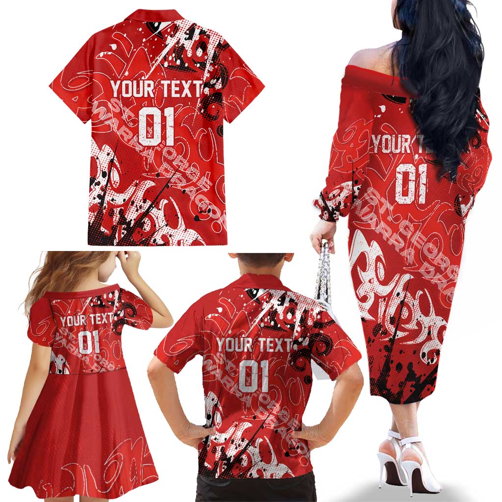 Personalized St. George Illawarra Dragons Rugby Family Matching Off The Shoulder Long Sleeve Dress and Hawaiian Shirt Urban Street Graffiti Style - Distressed Splatter Elements