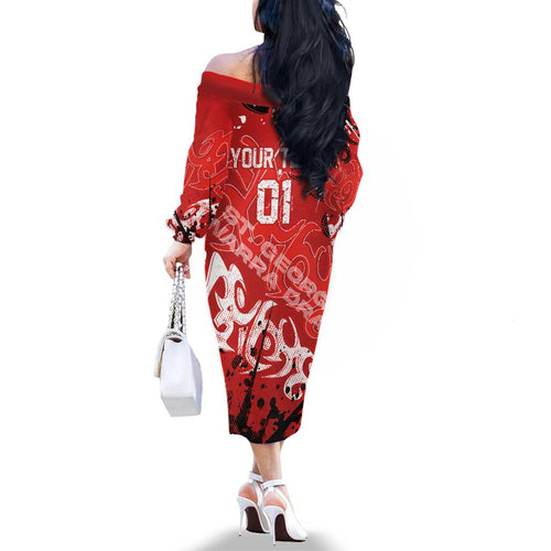 Personalized St. George Illawarra Dragons Rugby Family Matching Off The Shoulder Long Sleeve Dress and Hawaiian Shirt Urban Street Graffiti Style - Distressed Splatter Elements
