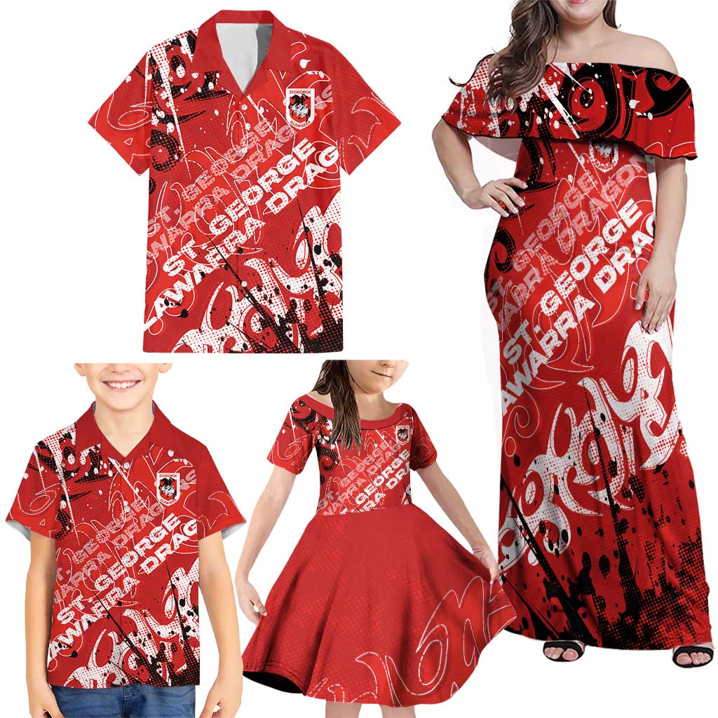 Personalized St. George Illawarra Dragons Rugby Family Matching Off Shoulder Maxi Dress and Hawaiian Shirt Urban Street Graffiti Style - Distressed Splatter Elements