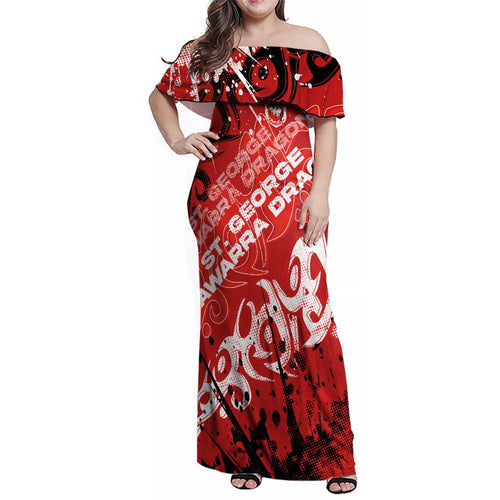 Personalized St. George Illawarra Dragons Rugby Family Matching Off Shoulder Maxi Dress and Hawaiian Shirt Urban Street Graffiti Style - Distressed Splatter Elements