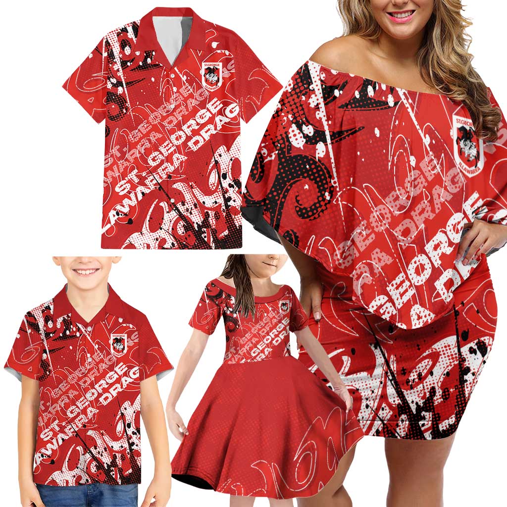 Personalized St. George Illawarra Dragons Rugby Family Matching Off Shoulder Short Dress and Hawaiian Shirt Urban Street Graffiti Style - Distressed Splatter Elements