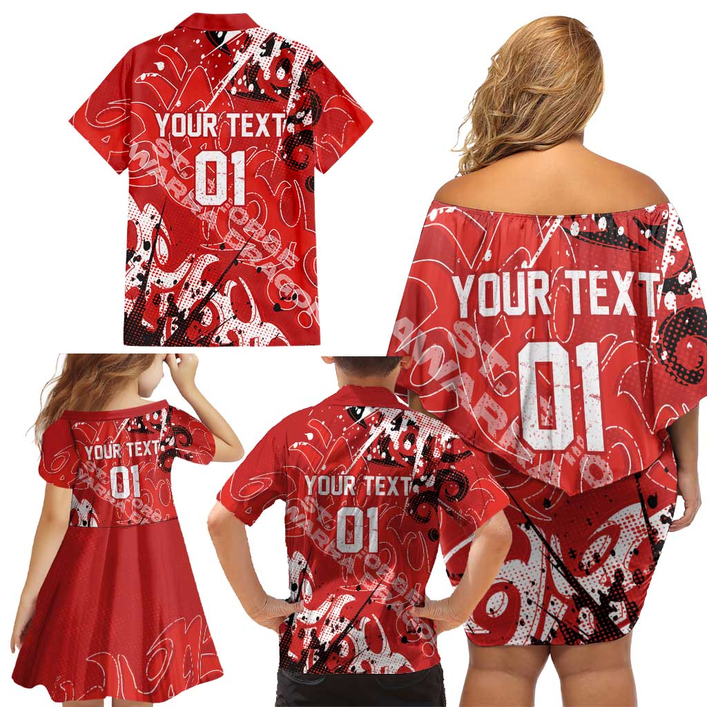 Personalized St. George Illawarra Dragons Rugby Family Matching Off Shoulder Short Dress and Hawaiian Shirt Urban Street Graffiti Style - Distressed Splatter Elements