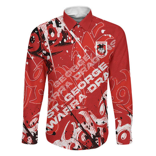 Personalized St. George Illawarra Dragons Rugby Family Matching Off Shoulder Short Dress and Hawaiian Shirt Urban Street Graffiti Style - Distressed Splatter Elements