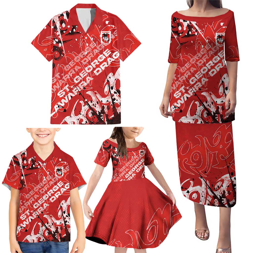 Personalized St. George Illawarra Dragons Rugby Family Matching Puletasi and Hawaiian Shirt Urban Street Graffiti Style - Distressed Splatter Elements