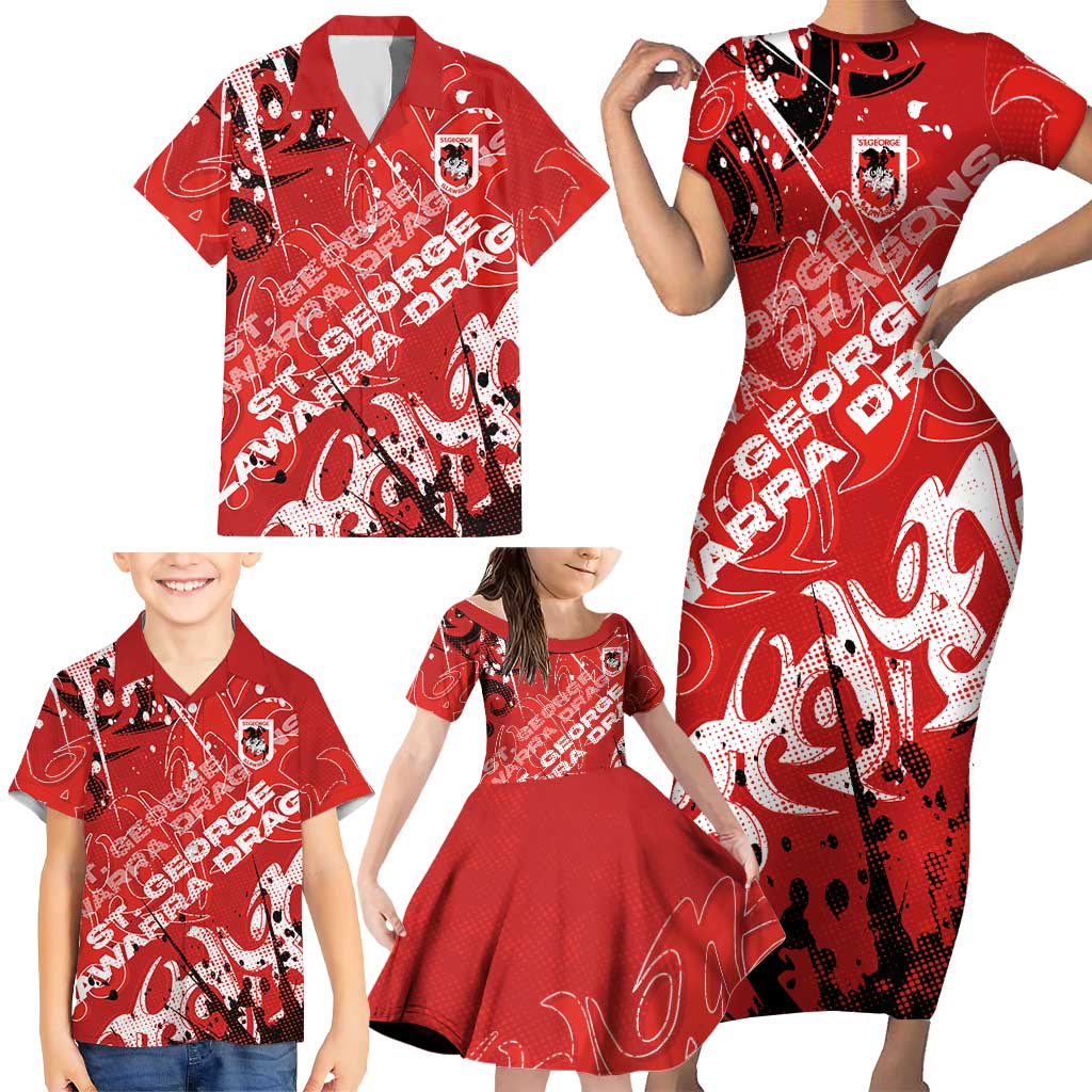 Personalized St. George Illawarra Dragons Rugby Family Matching Short Sleeve Bodycon Dress and Hawaiian Shirt Urban Street Graffiti Style - Distressed Splatter Elements