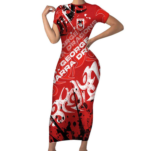 Personalized St. George Illawarra Dragons Rugby Family Matching Short Sleeve Bodycon Dress and Hawaiian Shirt Urban Street Graffiti Style - Distressed Splatter Elements