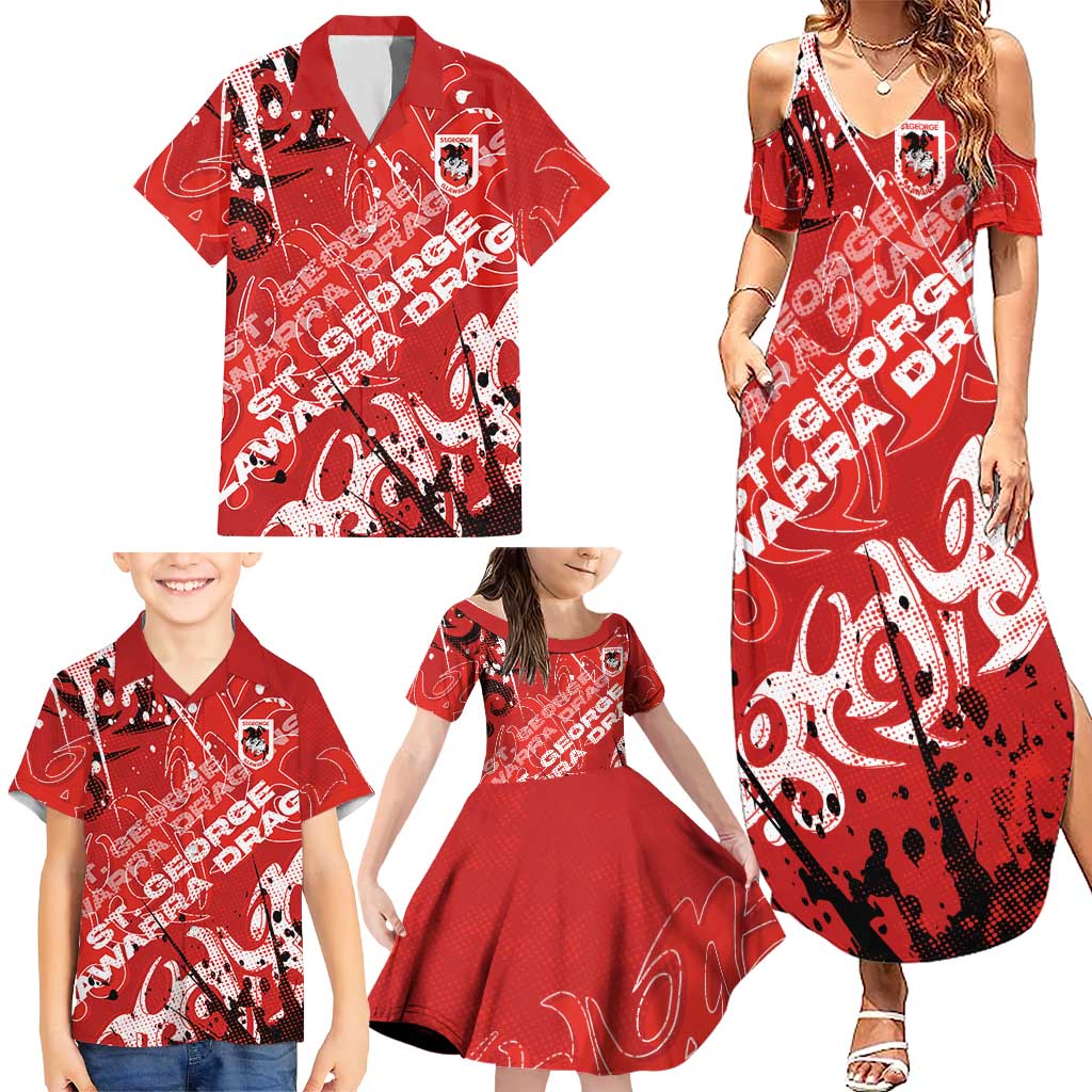 Personalized St. George Illawarra Dragons Rugby Family Matching Summer Maxi Dress and Hawaiian Shirt Urban Street Graffiti Style - Distressed Splatter Elements