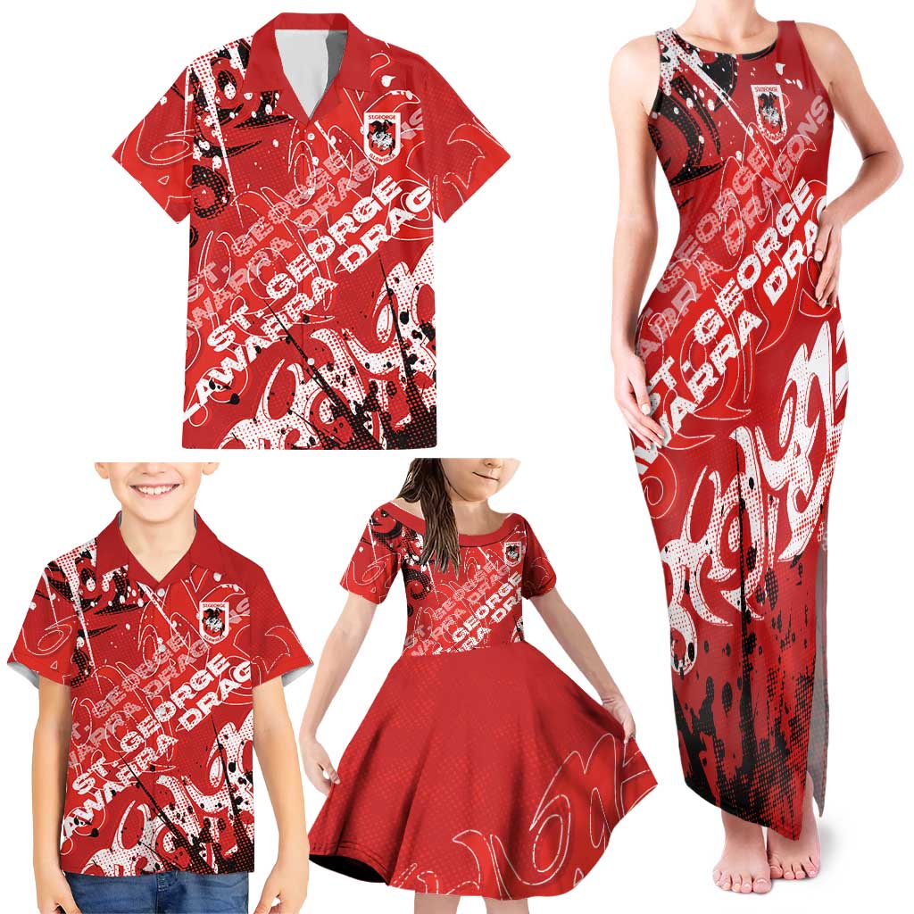 Personalized St. George Illawarra Dragons Rugby Family Matching Tank Maxi Dress and Hawaiian Shirt Urban Street Graffiti Style - Distressed Splatter Elements