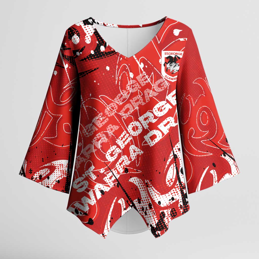 Personalized St. George Illawarra Dragons Rugby Kimono Sleeve Blouse Urban Street Graffiti Style - Distressed Splatter Elements