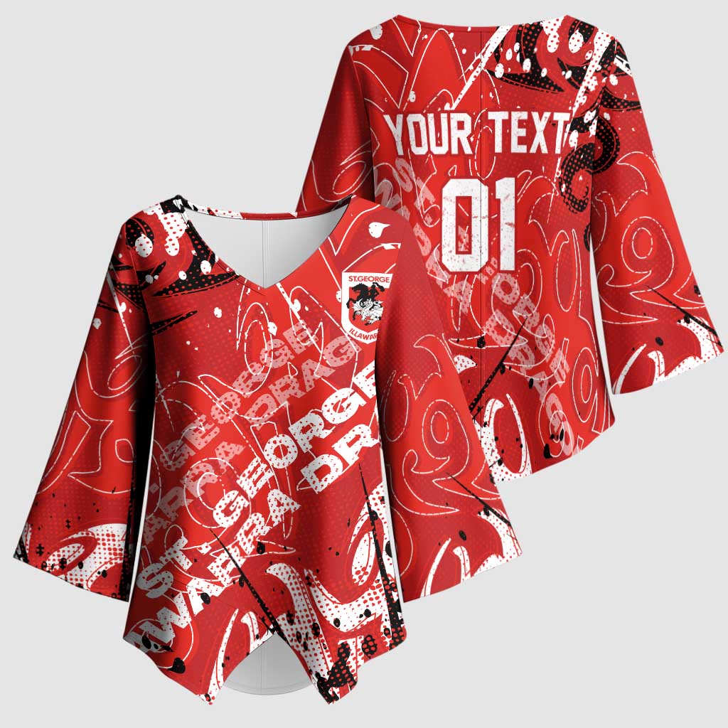Personalized St. George Illawarra Dragons Rugby Kimono Sleeve Blouse Urban Street Graffiti Style - Distressed Splatter Elements