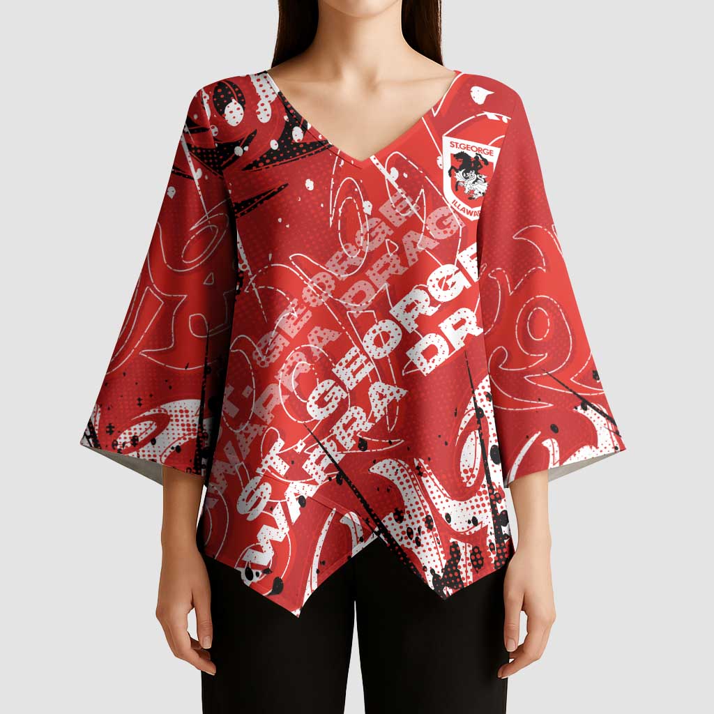 Personalized St. George Illawarra Dragons Rugby Kimono Sleeve Blouse Urban Street Graffiti Style - Distressed Splatter Elements