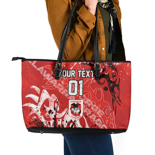 Personalized St. George Illawarra Dragons Rugby Leather Tote Bag Urban Street Graffiti Style - Distressed Splatter Elements
