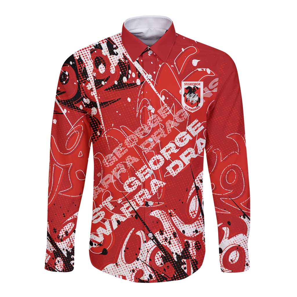 Personalized St. George Illawarra Dragons Rugby Long Sleeve Button Shirt Urban Street Graffiti Style - Distressed Splatter Elements
