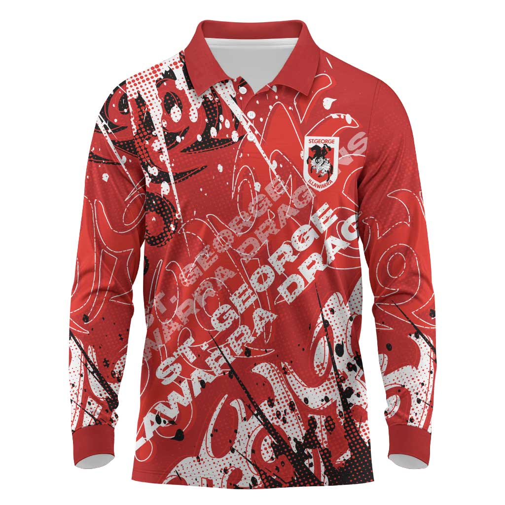 Personalized St. George Illawarra Dragons Rugby Long Sleeve Polo Shirt Urban Street Graffiti Style - Distressed Splatter Elements