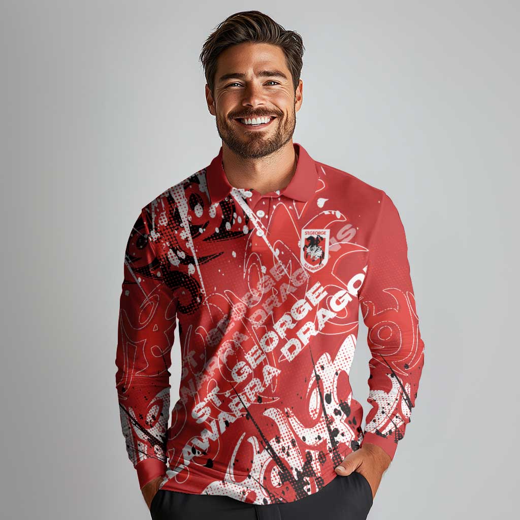 Personalized St. George Illawarra Dragons Rugby Long Sleeve Polo Shirt Urban Street Graffiti Style - Distressed Splatter Elements