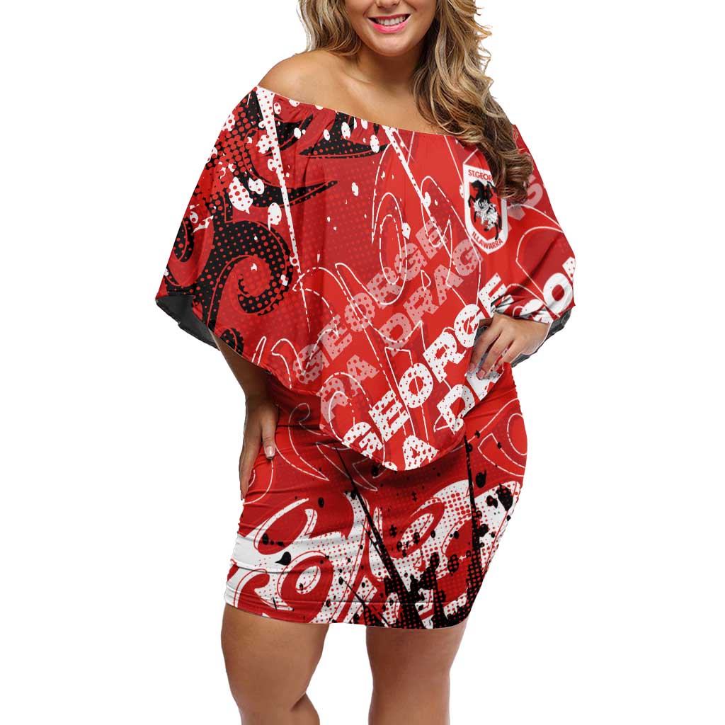Personalized St. George Illawarra Dragons Rugby Off Shoulder Short Dress Urban Street Graffiti Style - Distressed Splatter Elements