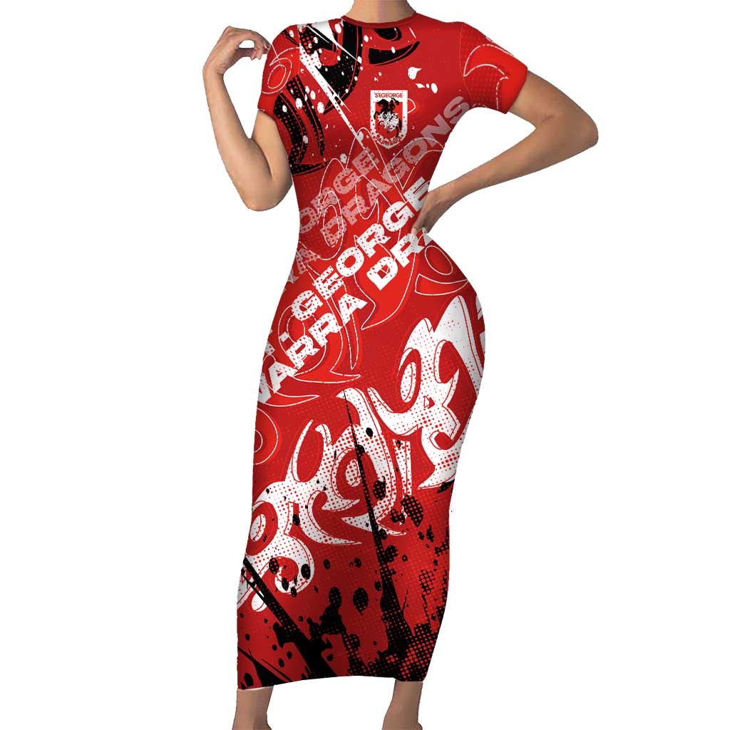 Personalized St. George Illawarra Dragons Rugby Short Sleeve Bodycon Dress Urban Street Graffiti Style - Distressed Splatter Elements