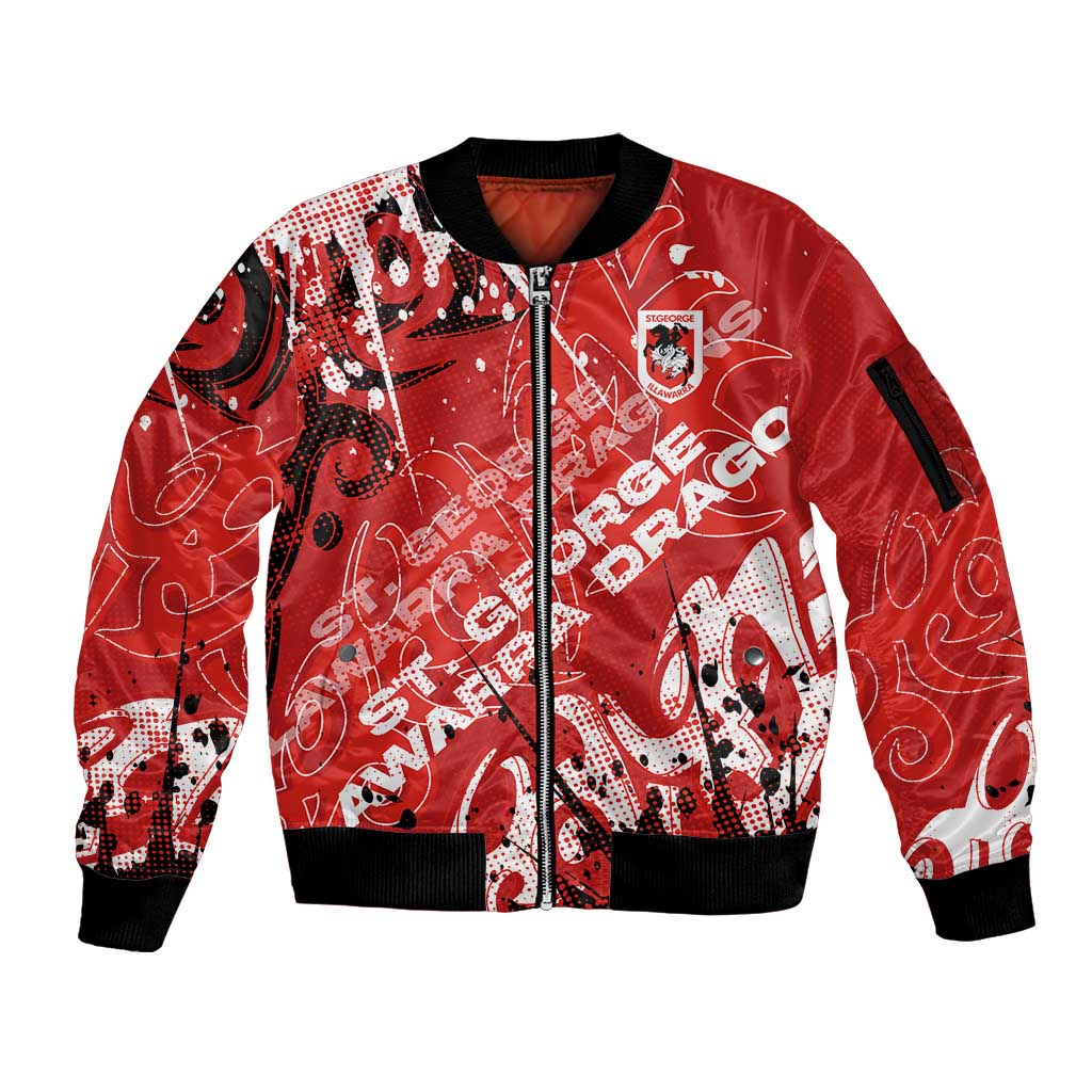 Personalized St. George Illawarra Dragons Rugby Sleeve Zip Bomber Jacket Urban Street Graffiti Style - Distressed Splatter Elements
