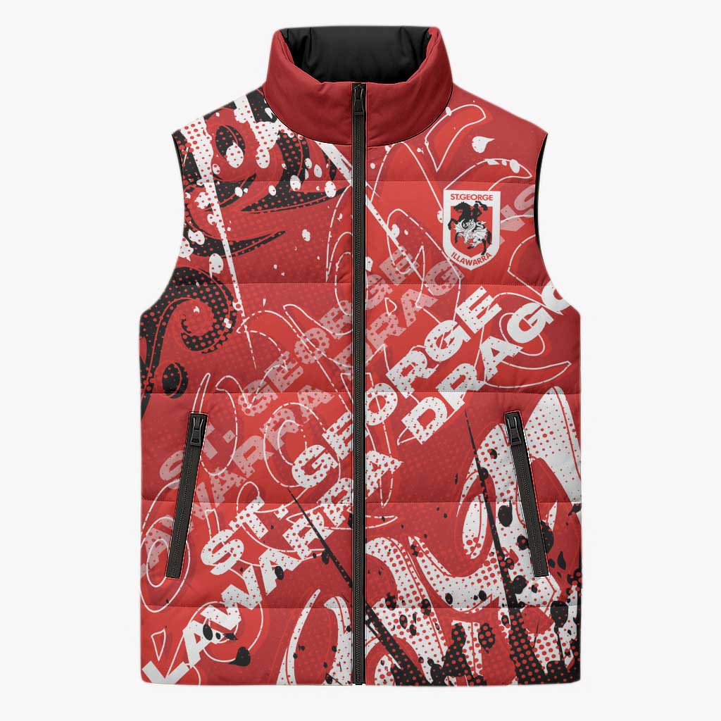 Personalized St. George Illawarra Dragons Rugby Sleeveless Puffer Jacket Urban Street Graffiti Style - Distressed Splatter Elements