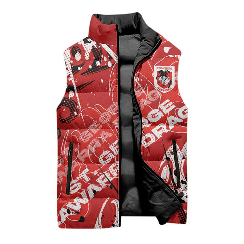 Personalized St. George Illawarra Dragons Rugby Sleeveless Puffer Jacket Urban Street Graffiti Style - Distressed Splatter Elements
